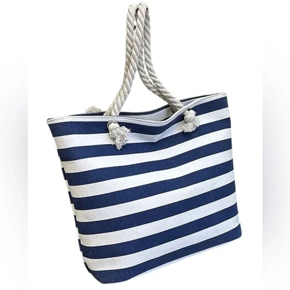 Zippered Striped Canvas Bag Navy Blue & White with Rope Handles - Picture 3 of 7